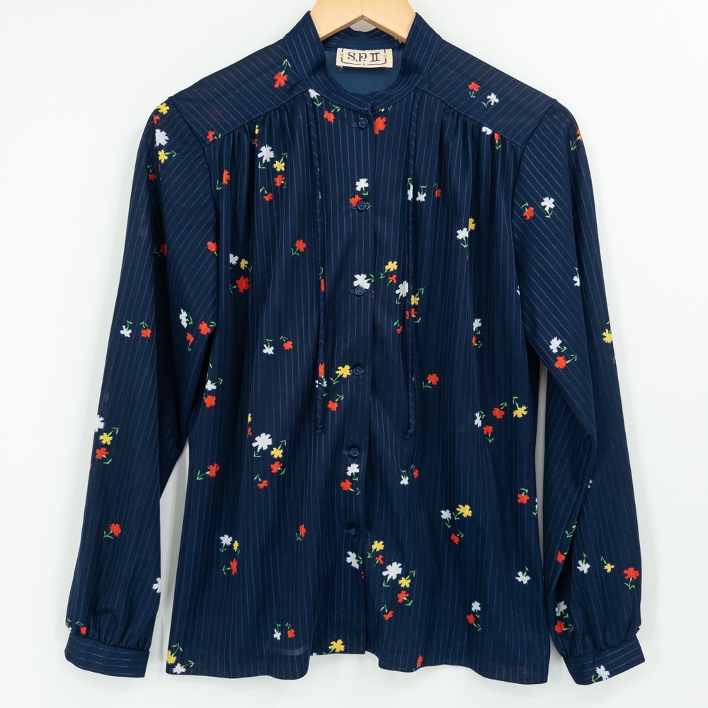 Vintage 70s Navy Floral Pinstripe Prairie Blouse Womens‎ Small